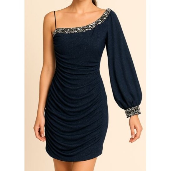 Jodi Kristopher Navy Blue‎ One Shoulder Dress Size S Sparkle Beaded Cuff Glam - Picture 1 of 15